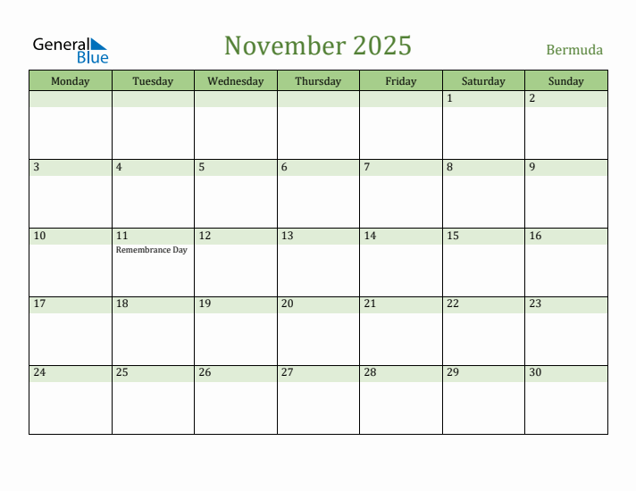 November 2025 Calendar with Bermuda Holidays