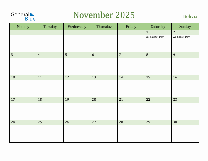 November 2025 Calendar with Bolivia Holidays