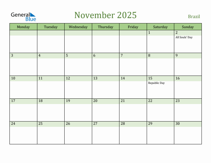November 2025 Calendar with Brazil Holidays