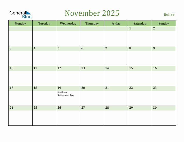 November 2025 Calendar with Belize Holidays