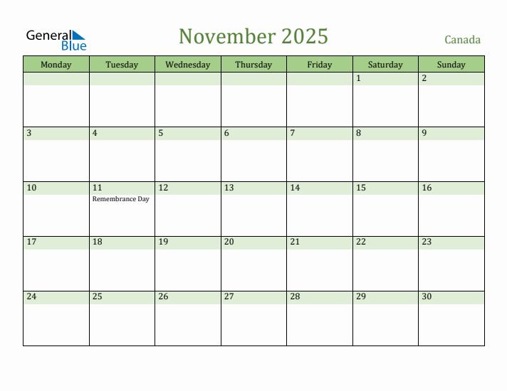 November 2025 Calendar with Canada Holidays