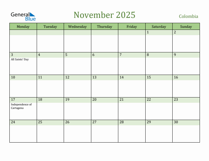 November 2025 Calendar with Colombia Holidays
