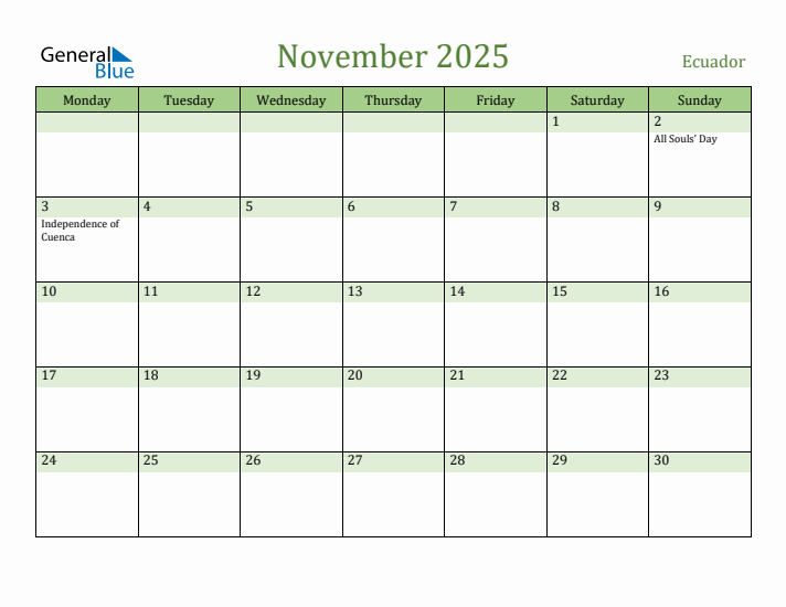 November 2025 Calendar with Ecuador Holidays
