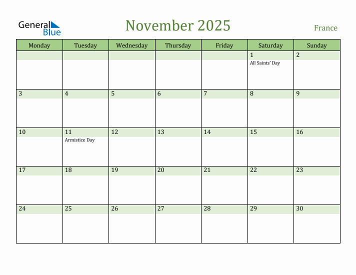 November 2025 Calendar with France Holidays