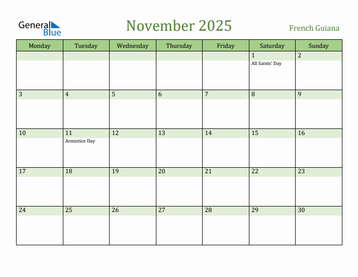 November 2025 Calendar with French Guiana Holidays