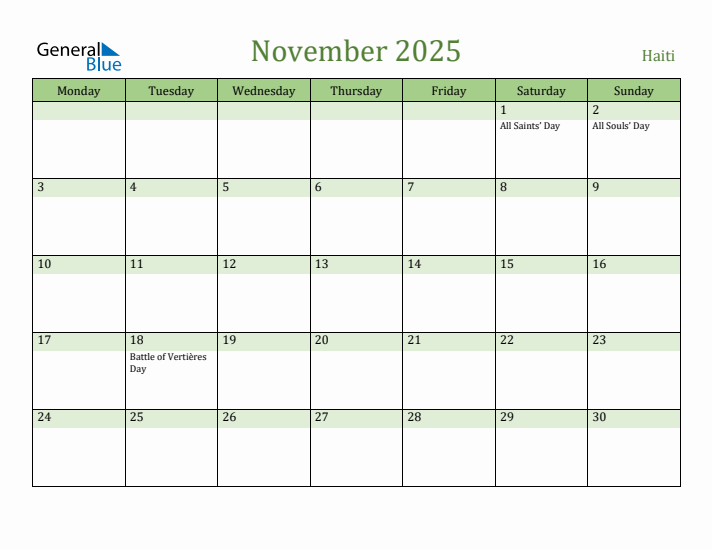 November 2025 Calendar with Haiti Holidays