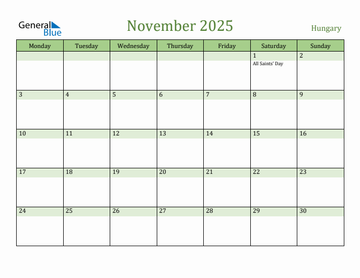 November 2025 Calendar with Hungary Holidays