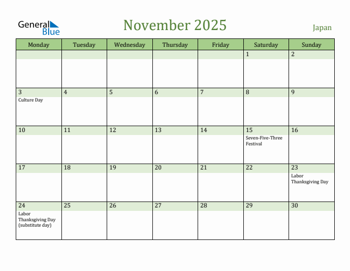 November 2025 Calendar with Japan Holidays