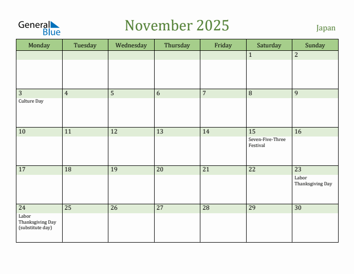 November 2025 Japan Monthly Calendar with Holidays