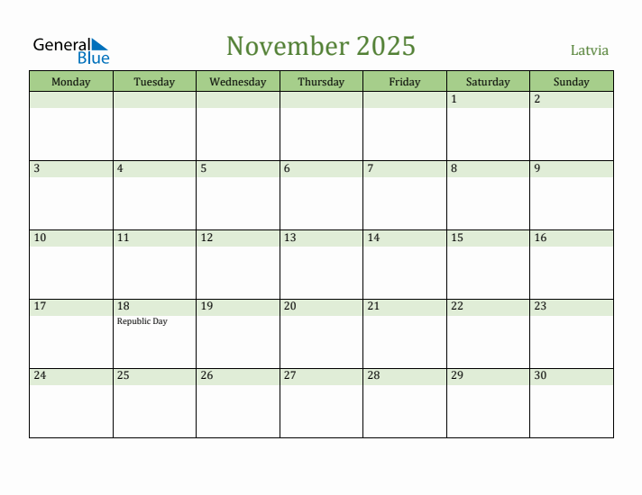 November 2025 Calendar with Latvia Holidays
