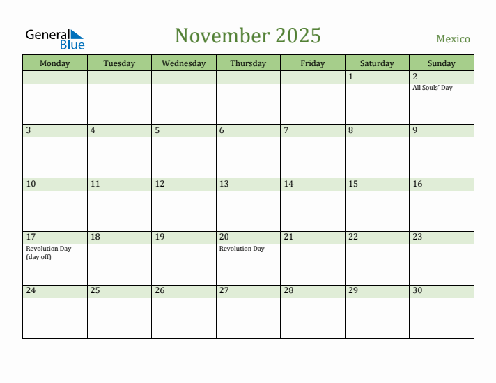 November 2025 Calendar with Mexico Holidays