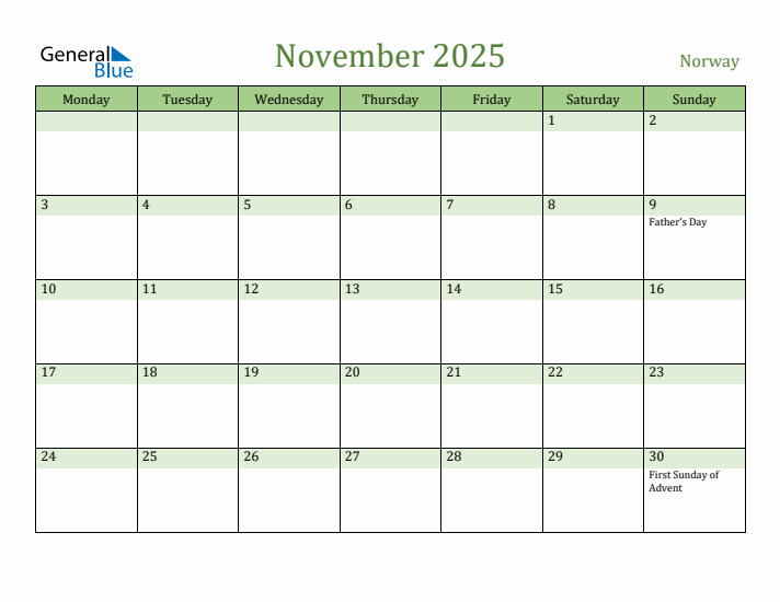 November 2025 Calendar with Norway Holidays
