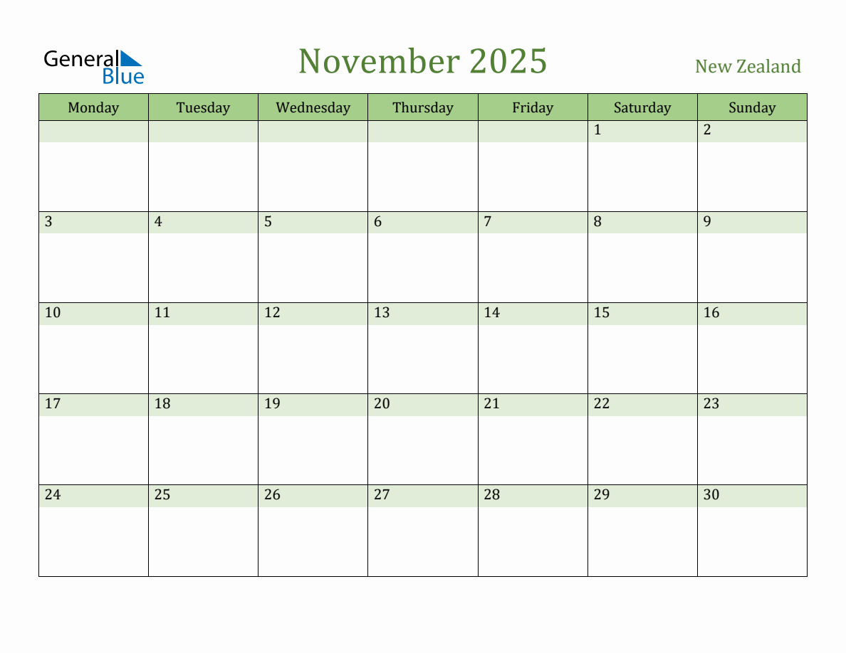 Fillable Holiday Calendar for New Zealand - November 2025