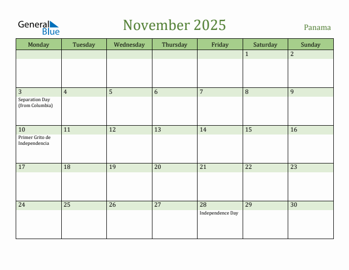 November 2025 Calendar with Panama Holidays