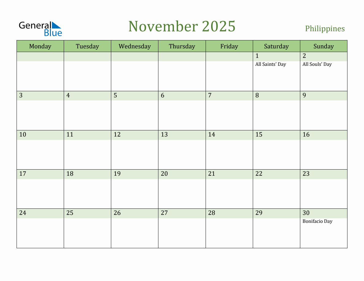 Fillable Holiday Calendar for Philippines November 2025