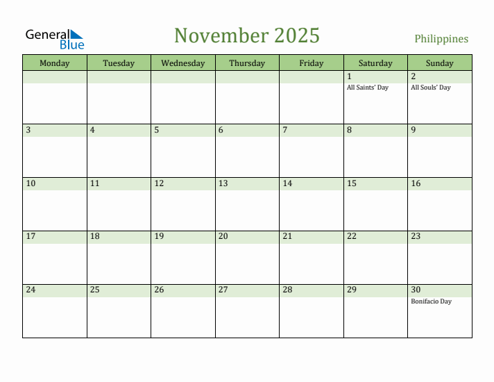 November 2025 Philippines Monthly Calendar with Holidays