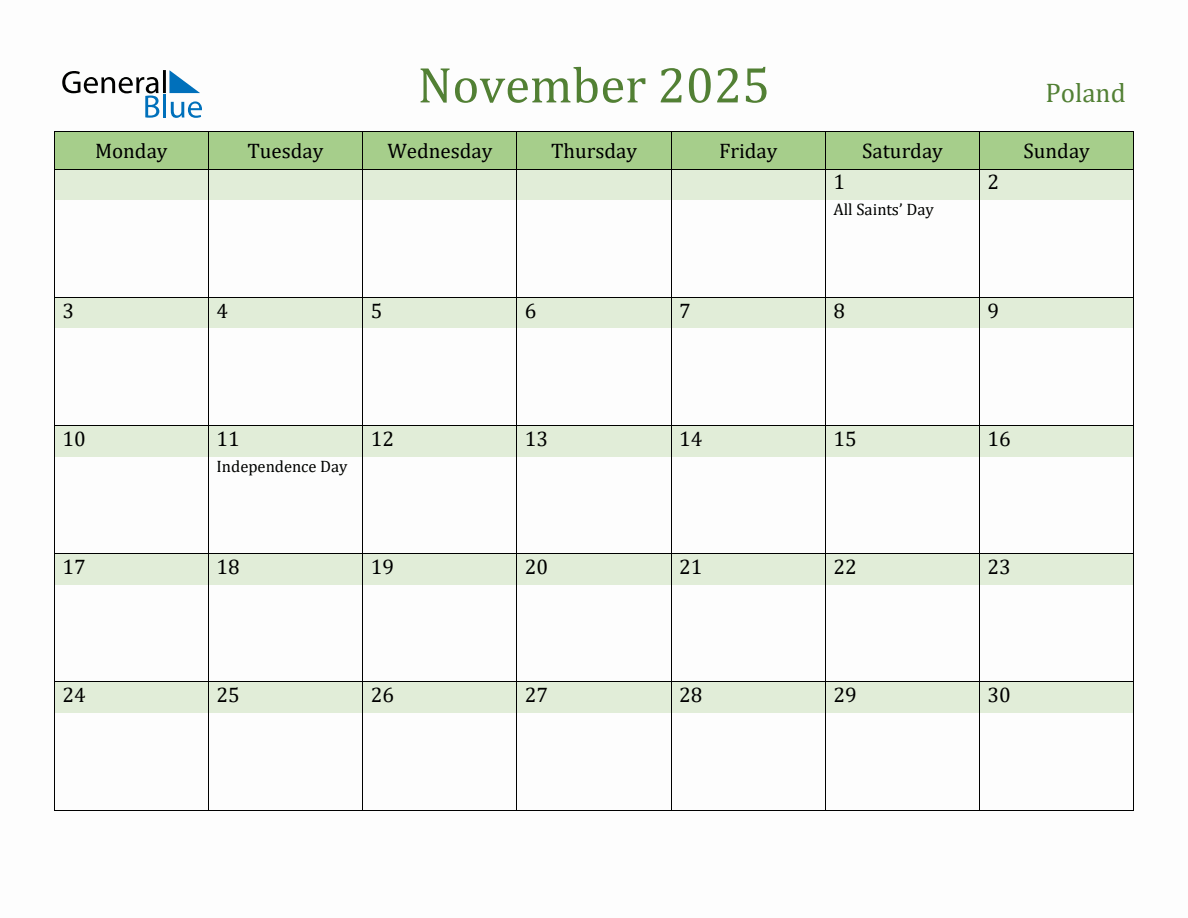 Fillable Holiday Calendar for Poland November 2025