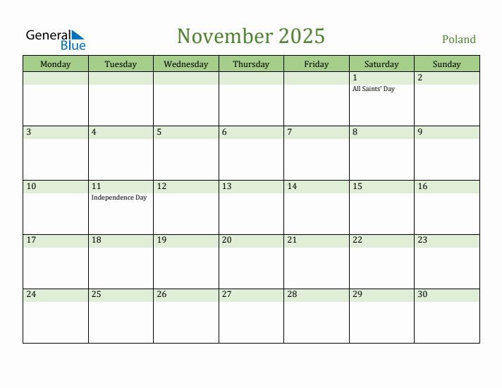 November 2025 Calendar with Poland Holidays