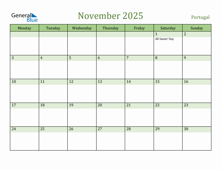 November 2025 Calendar with Portugal Holidays