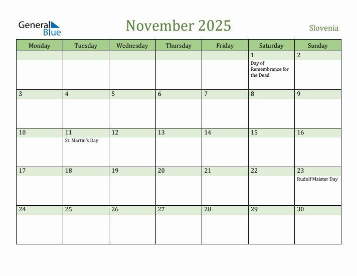 November 2025 Calendar with Slovenia Holidays