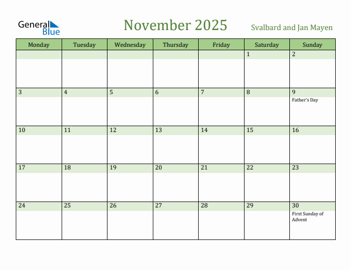 November 2025 Calendar with Svalbard and Jan Mayen Holidays