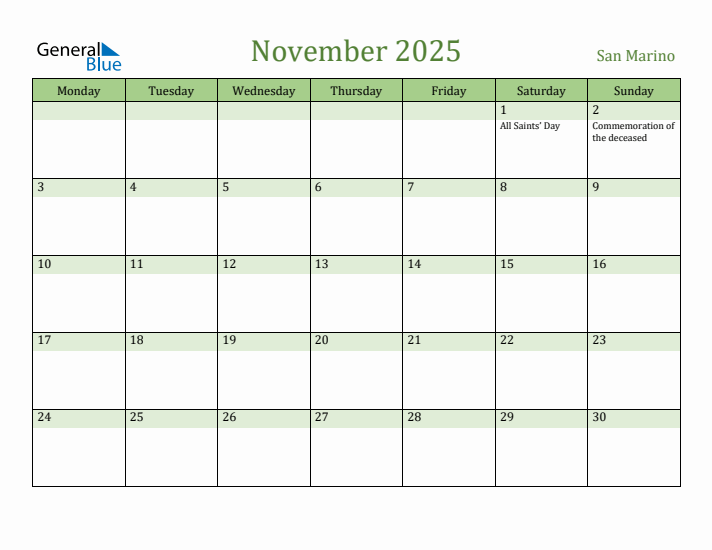 November 2025 Calendar with San Marino Holidays