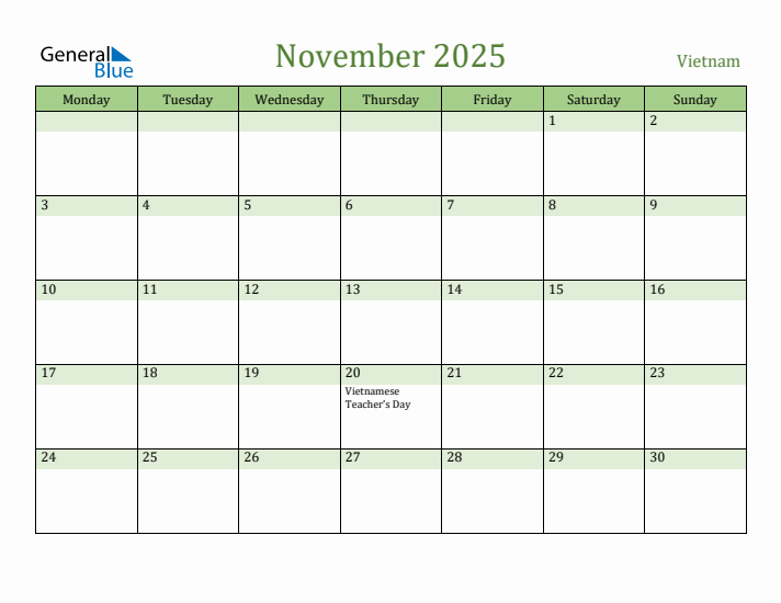 November 2025 Calendar with Vietnam Holidays