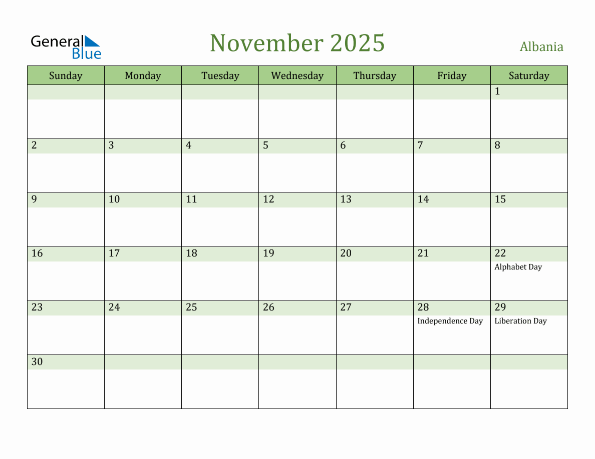 Fillable Holiday Calendar for Albania November 2025