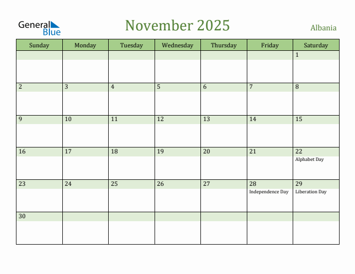 November 2025 Calendar with Albania Holidays