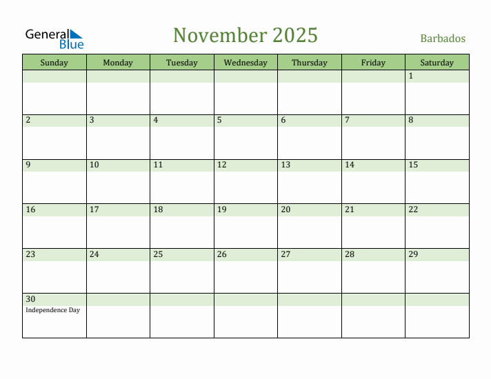 November 2025 Calendar with Barbados Holidays