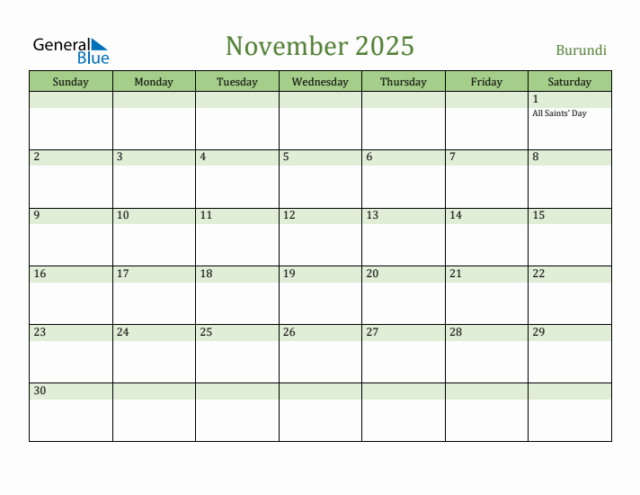 November 2025 Calendar with Burundi Holidays