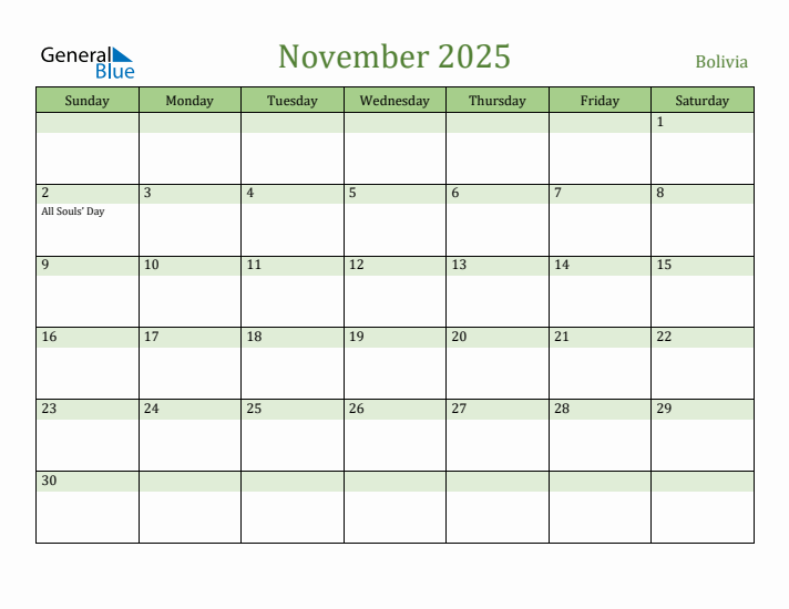 November 2025 Calendar with Bolivia Holidays