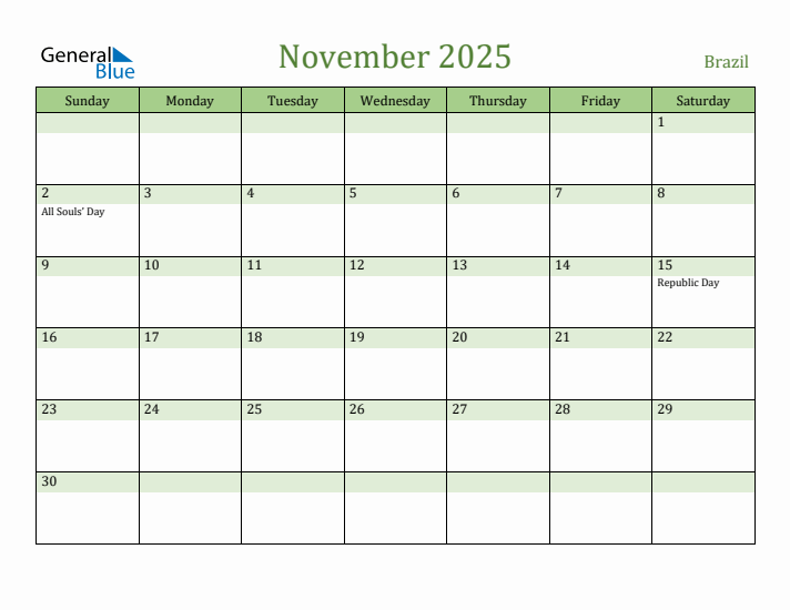 November 2025 Calendar with Brazil Holidays