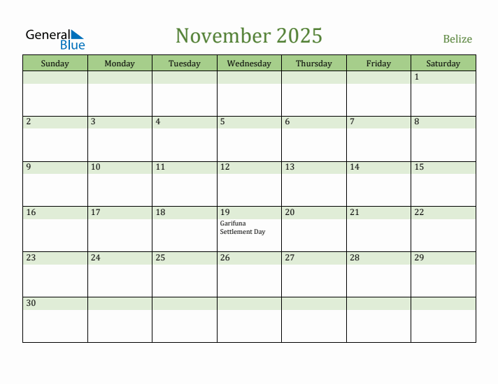 November 2025 Calendar with Belize Holidays