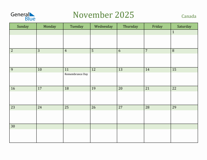 November 2025 Monthly Calendar with Canada Holidays
