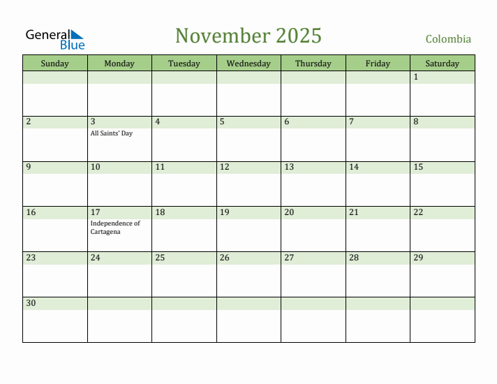 November 2025 Calendar with Colombia Holidays