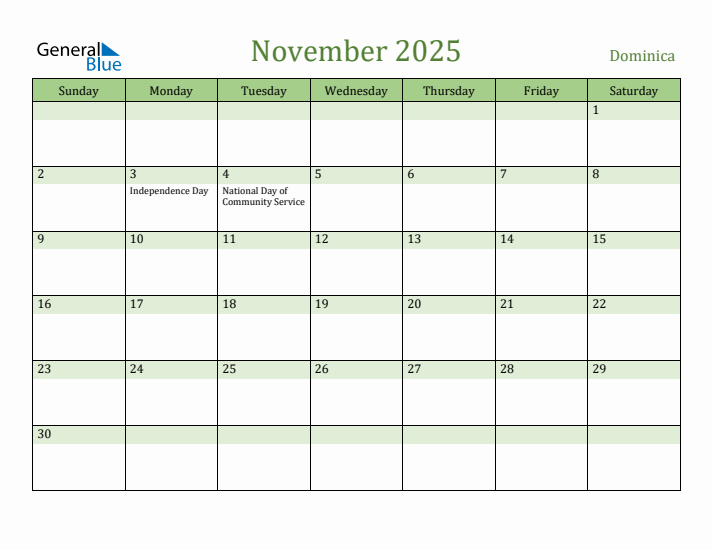 November 2025 Calendar with Dominica Holidays