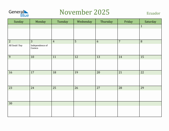 November 2025 Calendar with Ecuador Holidays