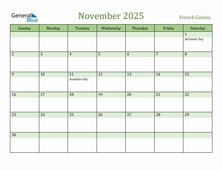November 2025 Calendar with French Guiana Holidays
