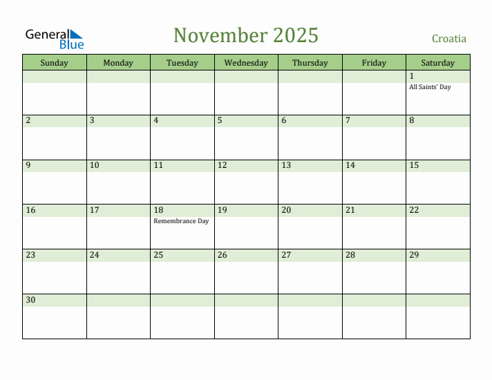 November 2025 Calendar with Croatia Holidays