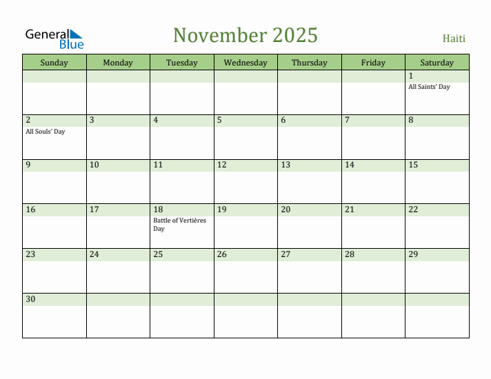 November 2025 Calendar with Haiti Holidays