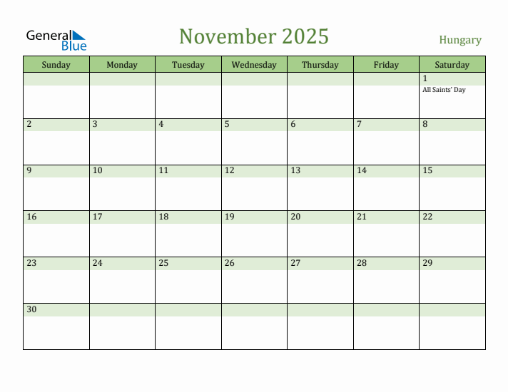 November 2025 Calendar with Hungary Holidays