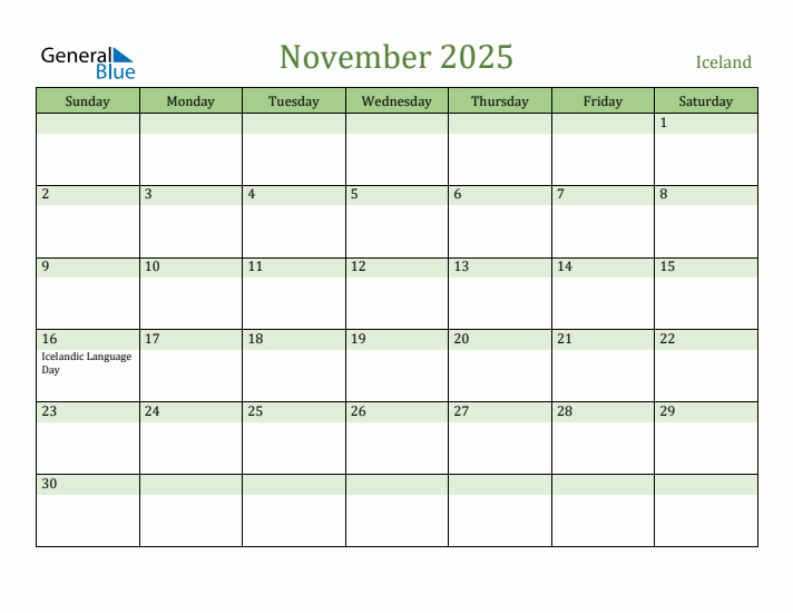 November 2025 Calendar with Iceland Holidays