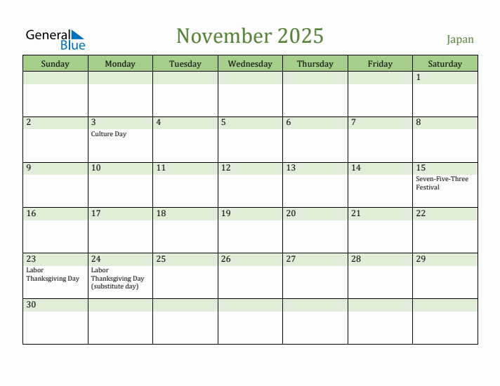 November 2025 Calendar with Japan Holidays