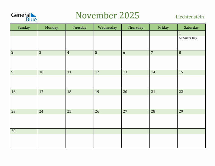 November 2025 Calendar with Liechtenstein Holidays