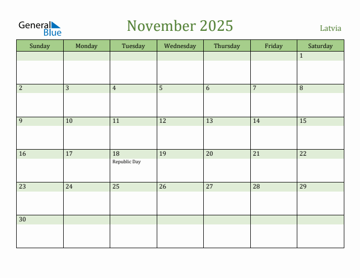 November 2025 Calendar with Latvia Holidays