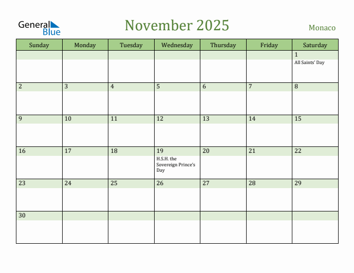 November 2025 Calendar with Monaco Holidays