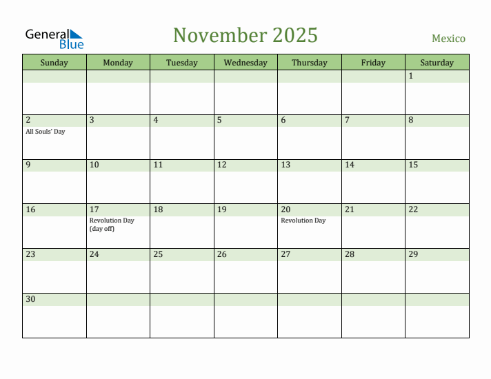 November 2025 Calendar with Mexico Holidays