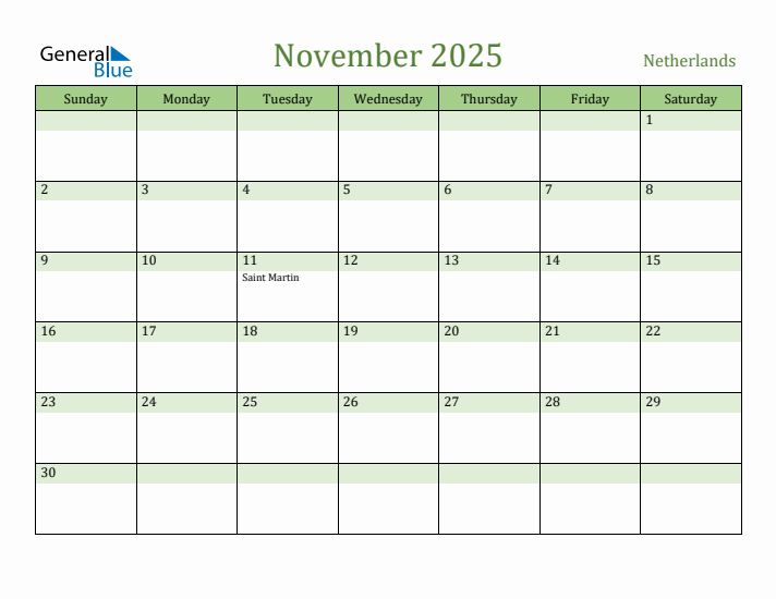 November 2025 Calendar with The Netherlands Holidays
