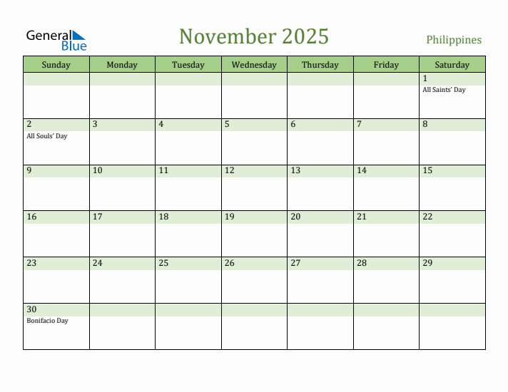 Fillable Holiday Calendar for Philippines November 2025